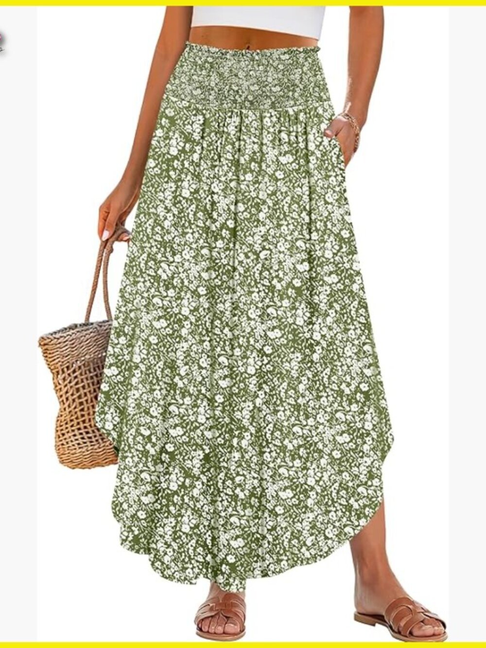 Boho Floral Maxi Skirt High Waisted Flowy Swing Pleated Beach Skirt with Pockets